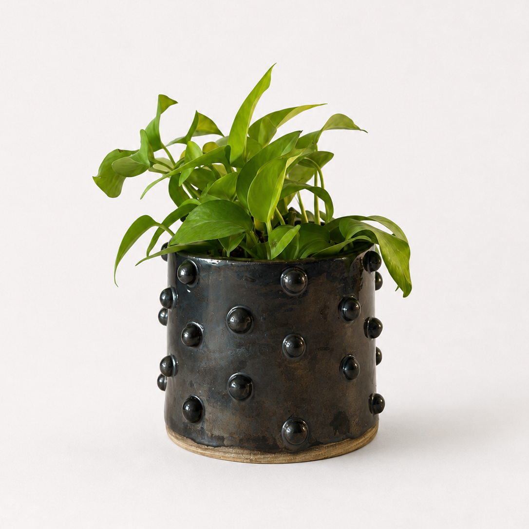 Metallic black glazed ceramic pot with raised circular studs.